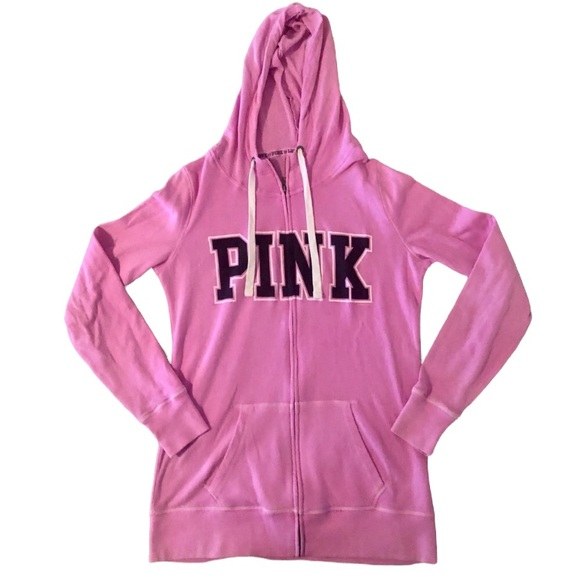 PINK Victoria's Secret Tops - PINK Victoria’s Secret pink zip up hoodie with black lettering in Small